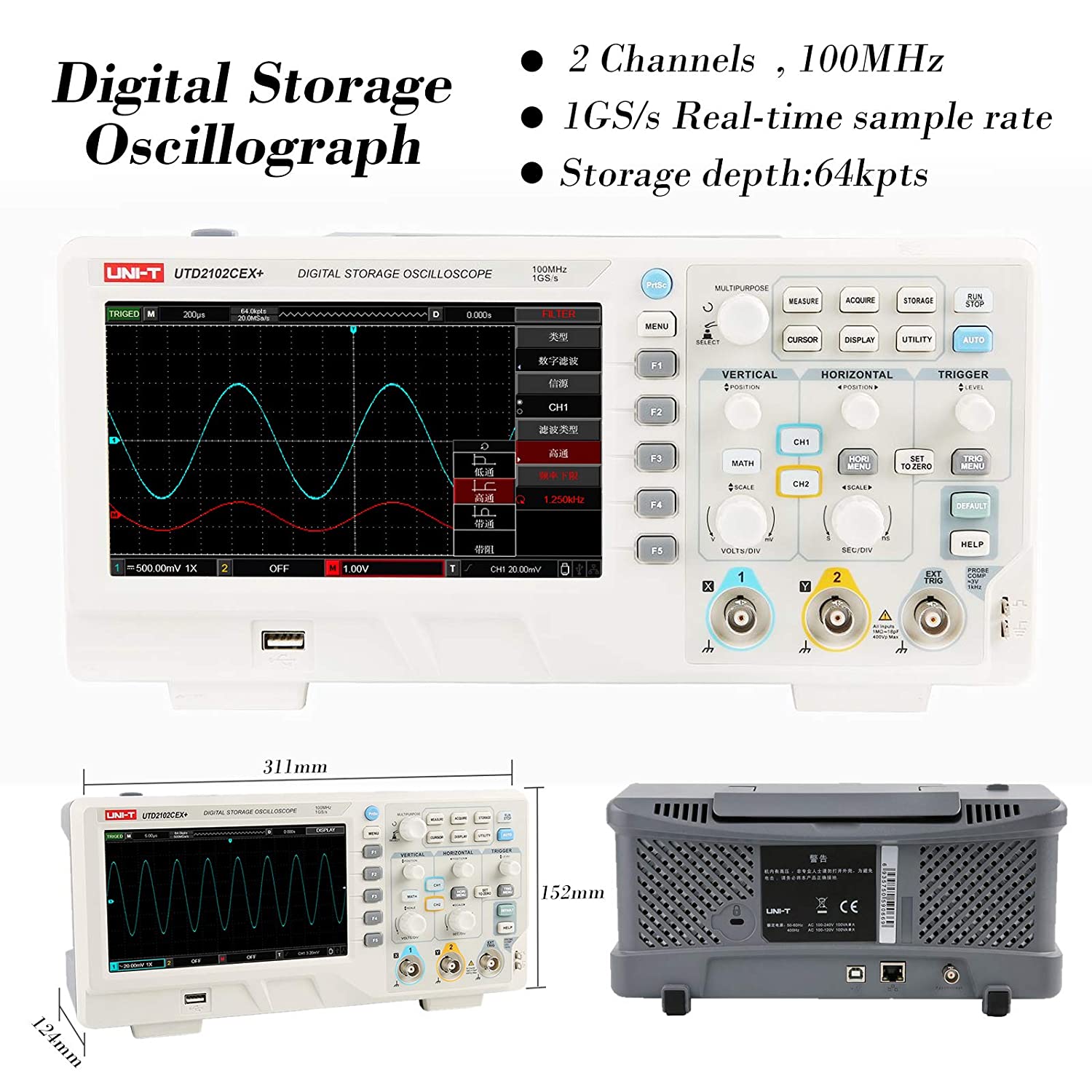 UTD2102CEX+ Yüksek Hassasiyetl - Digital Storage Oscilloscope 100Mhz incelemesi ve fiyatı